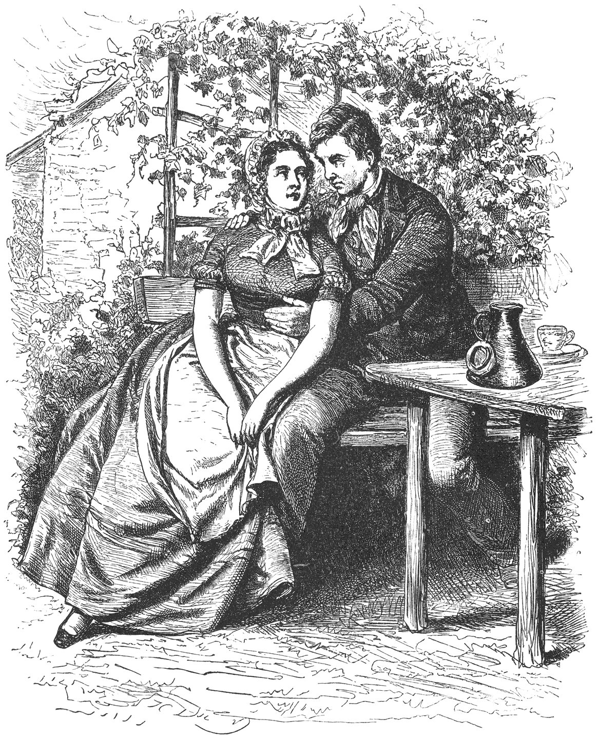 Of soms een kus haar troosten kan. De bengel! Hoe weet hij daarvan? En toch, hij buigt zich naar haar mond, en plooit zijn lippen.—